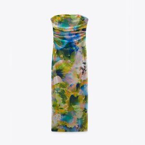 Zara Strapless Printed Mesh Midi Dress Size Small